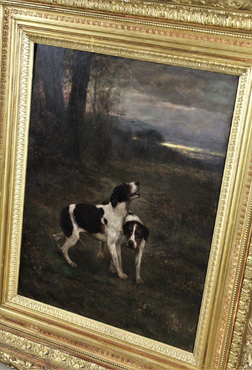 “chiens Courants Au Clair De Lune”, Huile Sur Panneau, Signée, XIXe Siècle-photo-3