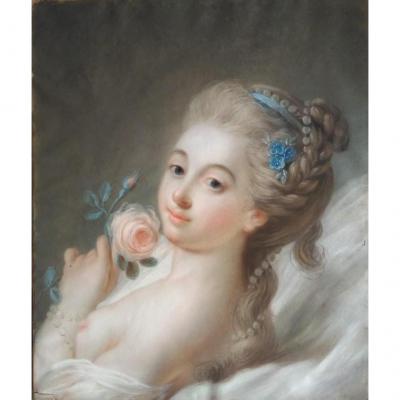 Pastel "the Girl With The Rose" French School Of The Eighteenth Century