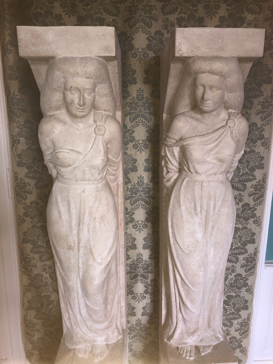 Pair Of Large Caryatids Statues In Plaster Circa 1930-photo-3