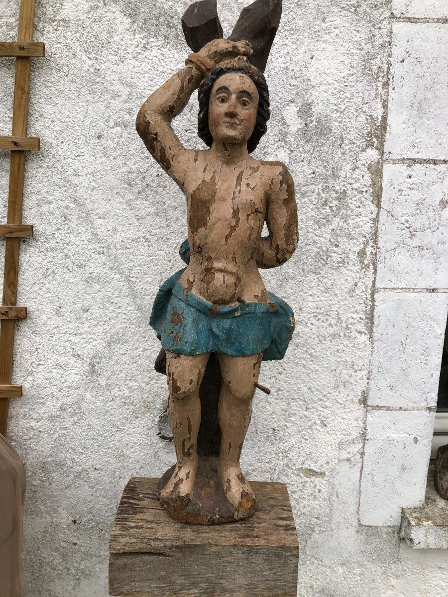 Large Polychrome Sculpture Of Saint Sebastian From The 17th Century 