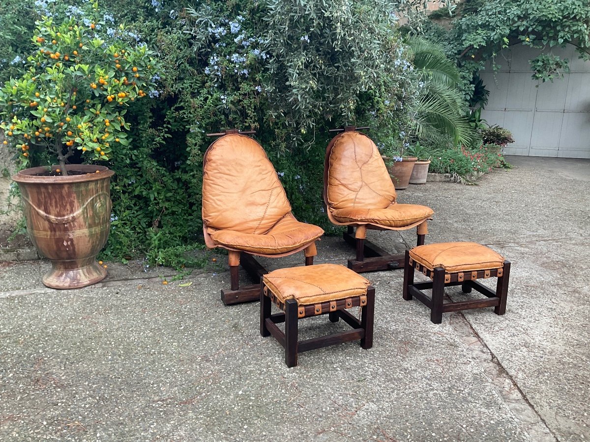 Pair Of Brazilian Brutalist Armchairs With Ottomans Circa 1970-photo-2