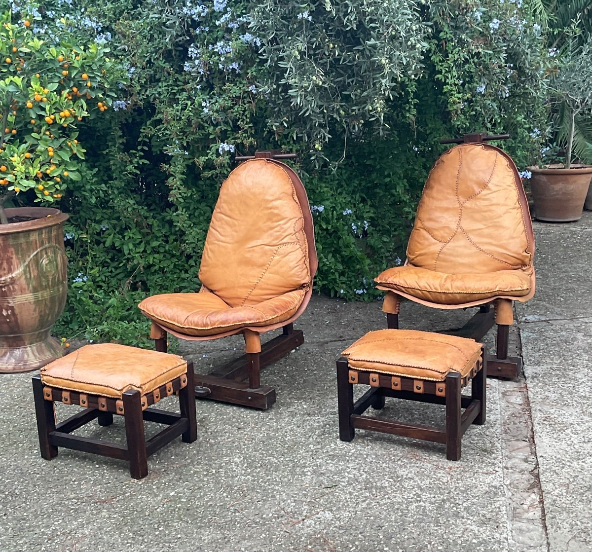 Pair Of Brazilian Brutalist Armchairs With Ottomans Circa 1970