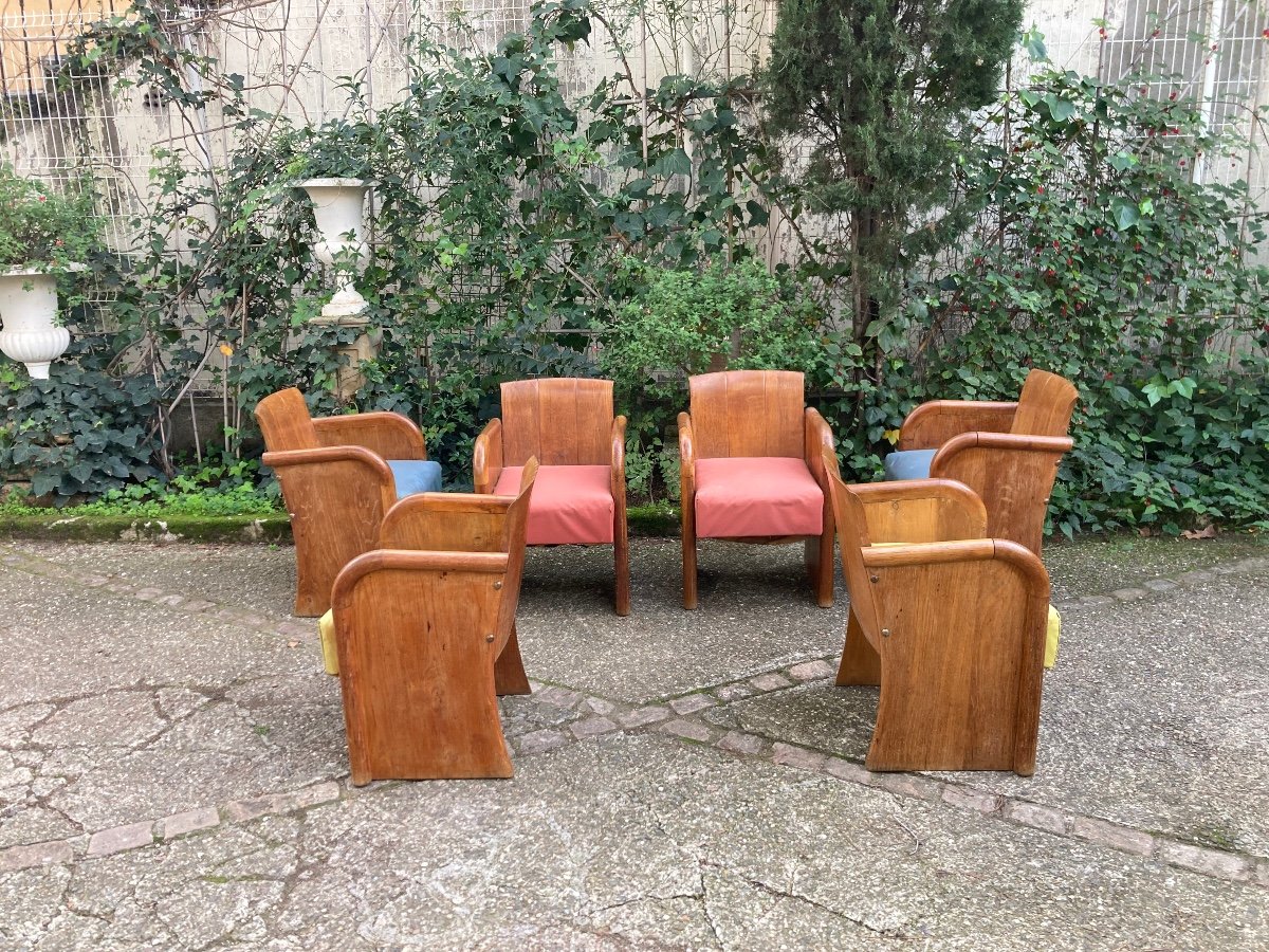 Set Of 6 Art Deco Oak Armchairs -photo-2