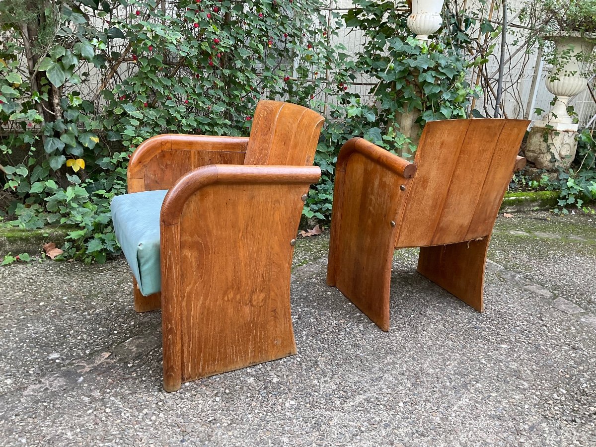 Set Of 6 Art Deco Oak Armchairs -photo-3