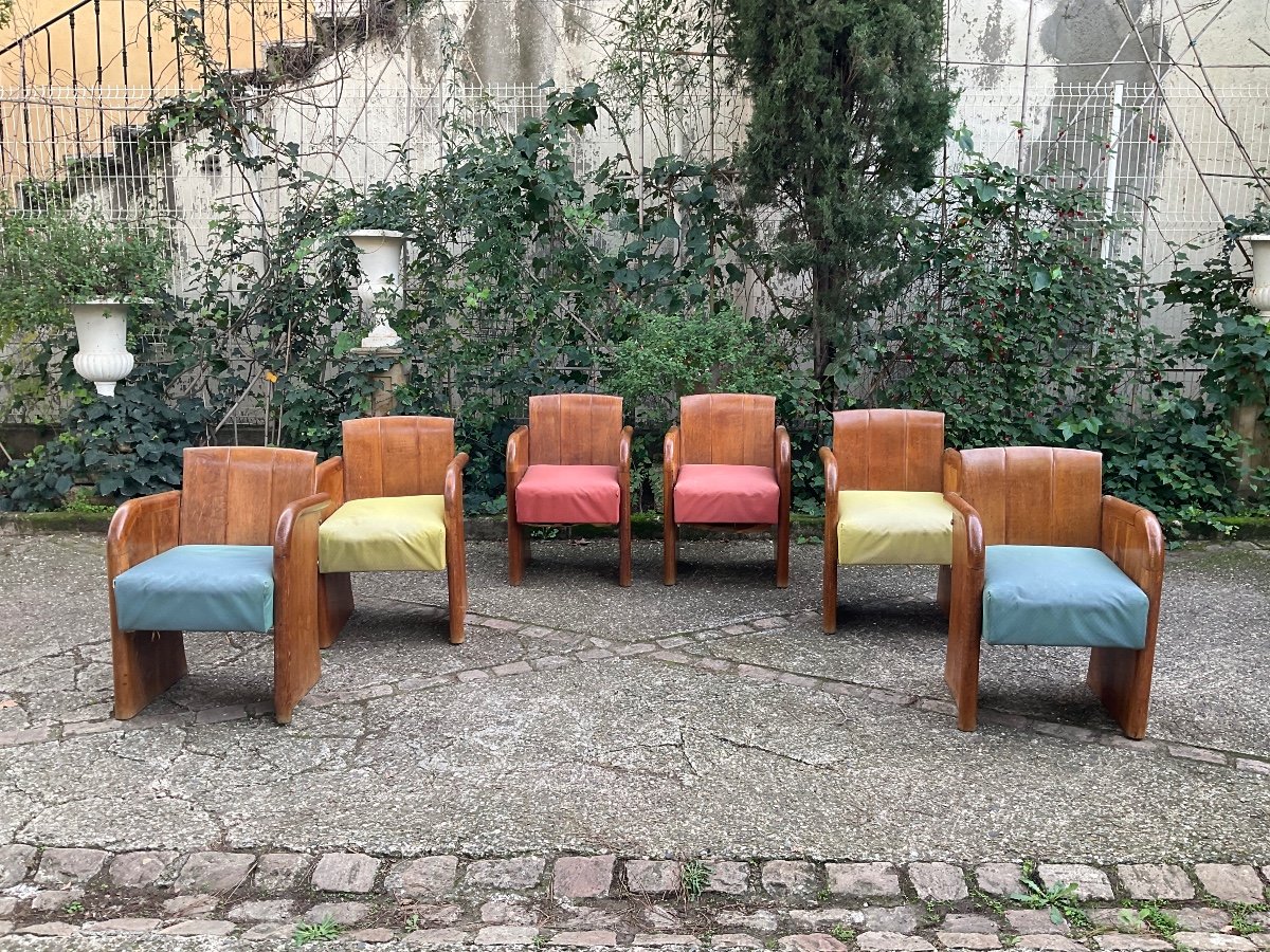 Set Of 6 Art Deco Oak Armchairs -photo-5