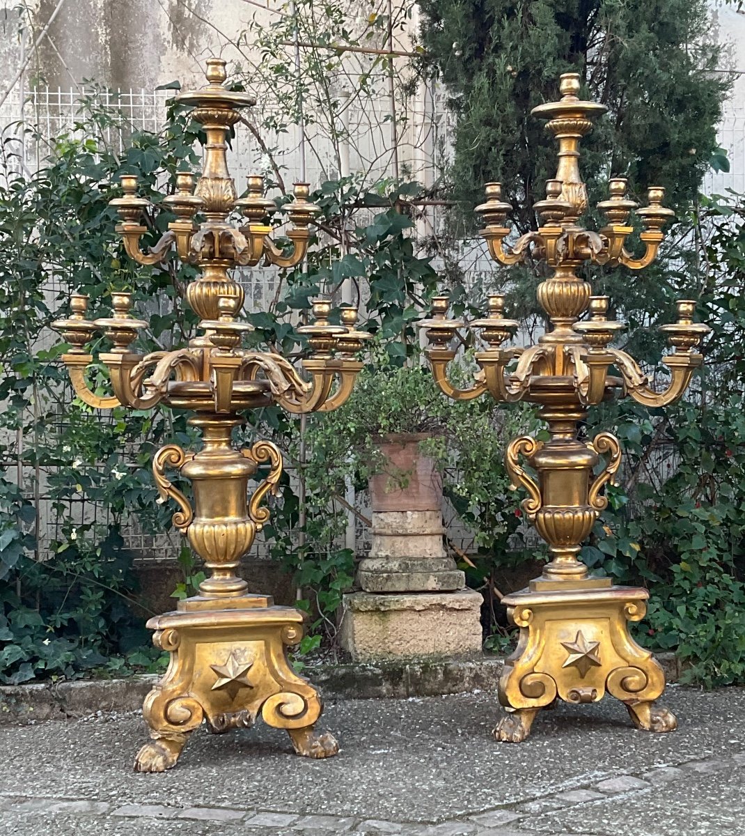 Pair Of Carved And Gilded Wooden Castle Candelabras 