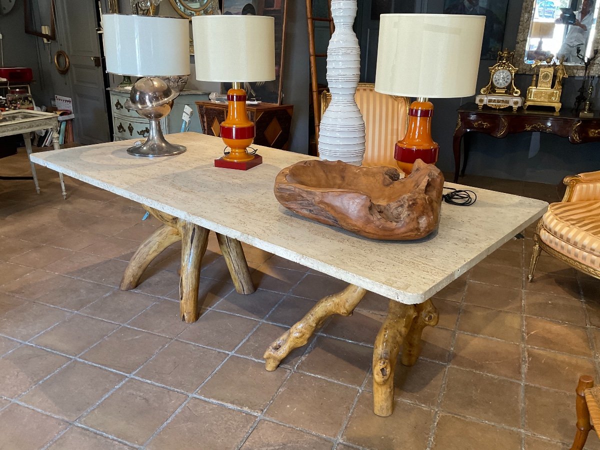 Brutalist Table Circa 1970 With Travertine Top-photo-2