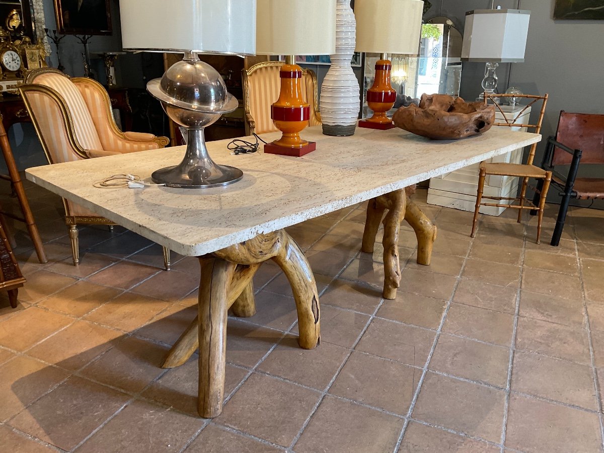 Brutalist Table Circa 1970 With Travertine Top-photo-3