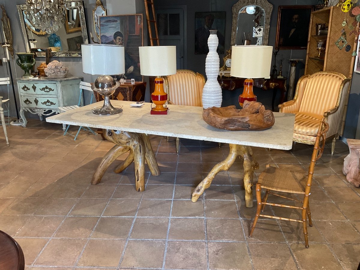 Brutalist Table Circa 1970 With Travertine Top-photo-4