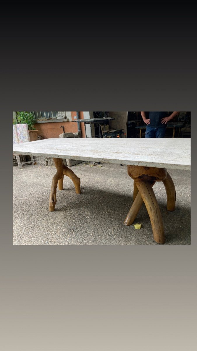 Brutalist Table Circa 1970 With Travertine Top-photo-3