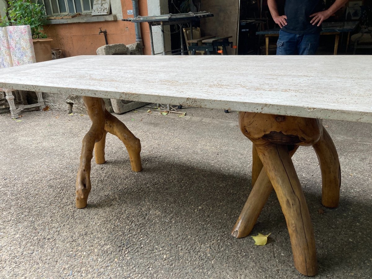 Brutalist Table Circa 1970 With Travertine Top-photo-4