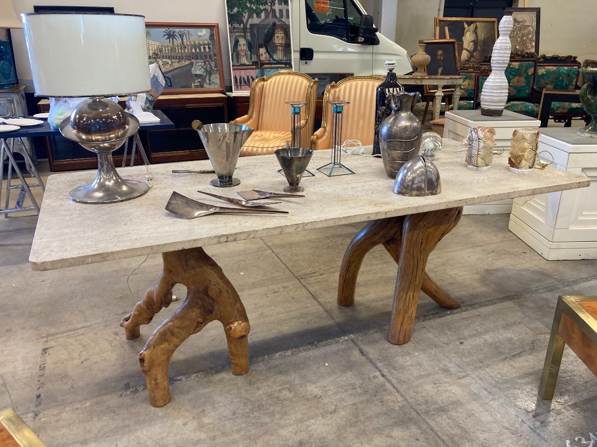 Brutalist Table Circa 1970 With Travertine Top-photo-7