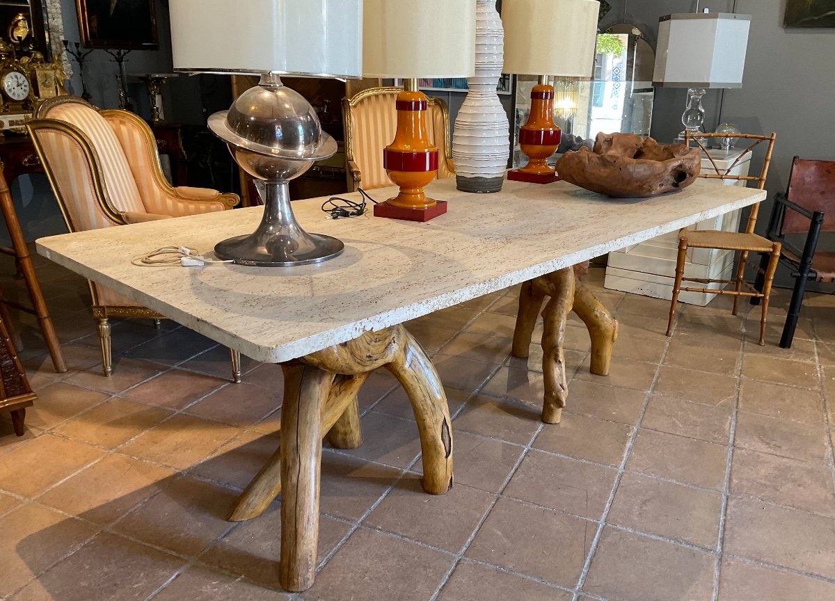 Brutalist Table Circa 1970 With Travertine Top