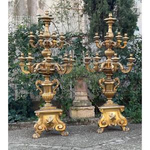 Pair Of Carved And Gilded Wooden Castle Candelabras 