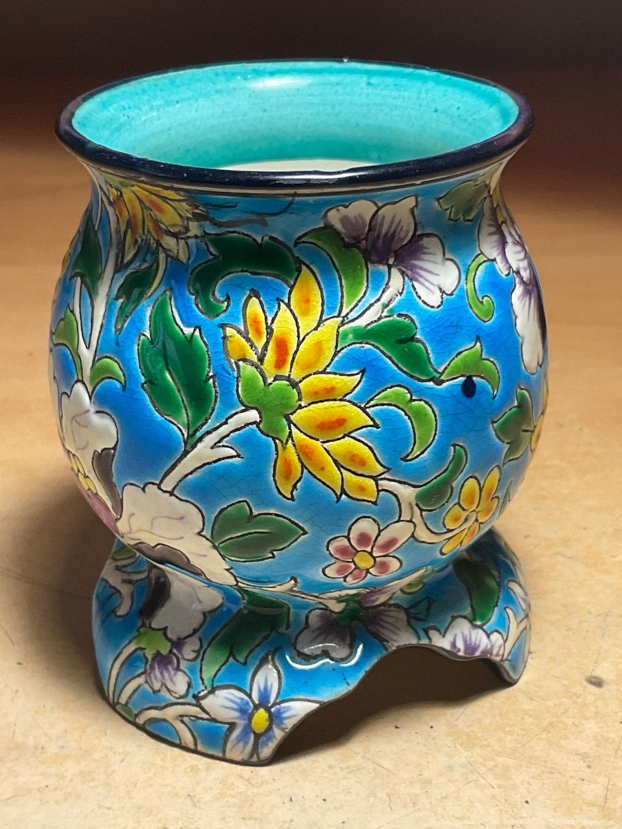 Petit Vase De Forme Ventru En Faïence Polychrome D’émaux De Longwy 19éme Décor Floral Sur Fond bleu.-photo-3