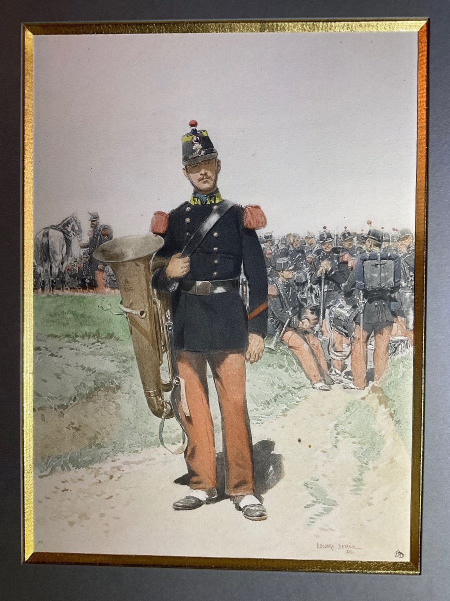 Polychrome Engraving Enhanced With Watercolor Representing A Line Infantry Musician Signed édouard Detaille.-photo-1