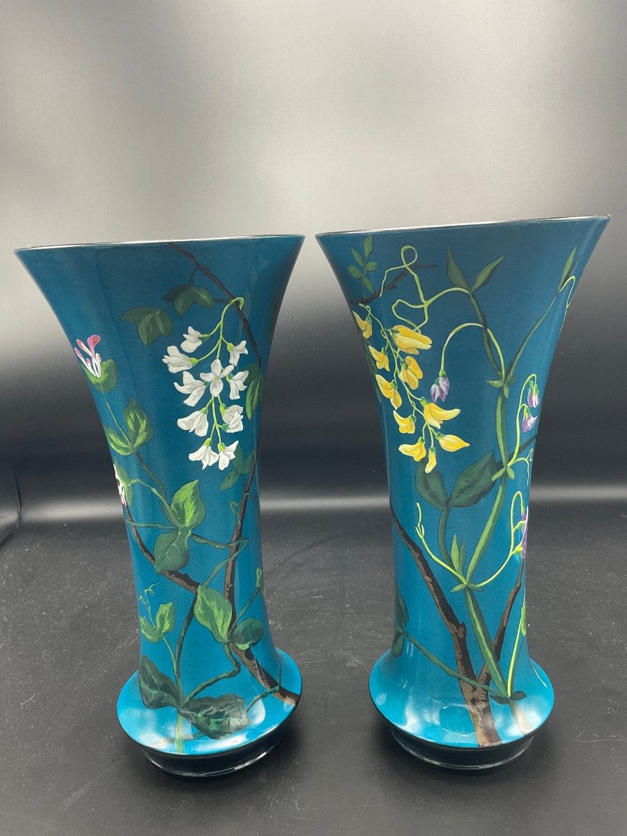 Paire De Vases Cornet Polychromes En Faïence De La Manufacture De Montereau à Décor Floral Sur fond bleu.-photo-6