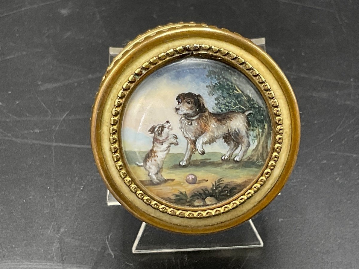 Ivory Box Circled In Bronze With A Miniature On Ivory Representing Two Dogs.