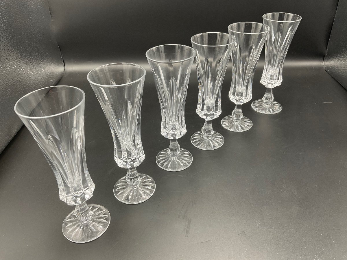 Six Champagne Flutes In Colorless Crystal Cut From The Daum Crystal Factory Chevreuse Model.-photo-8