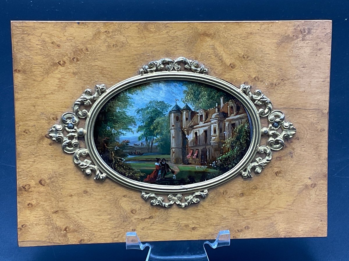 Miniature In Fixed Under Glass Representing A Castle In A Park And Its Frame In Oak And Burl Wood.-photo-4