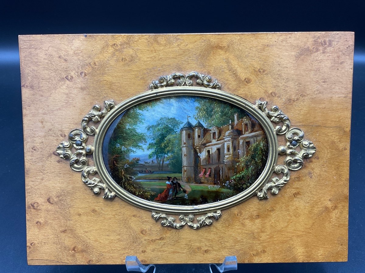 Miniature In Fixed Under Glass Representing A Castle In A Park And Its Frame In Oak And Burl Wood.-photo-4