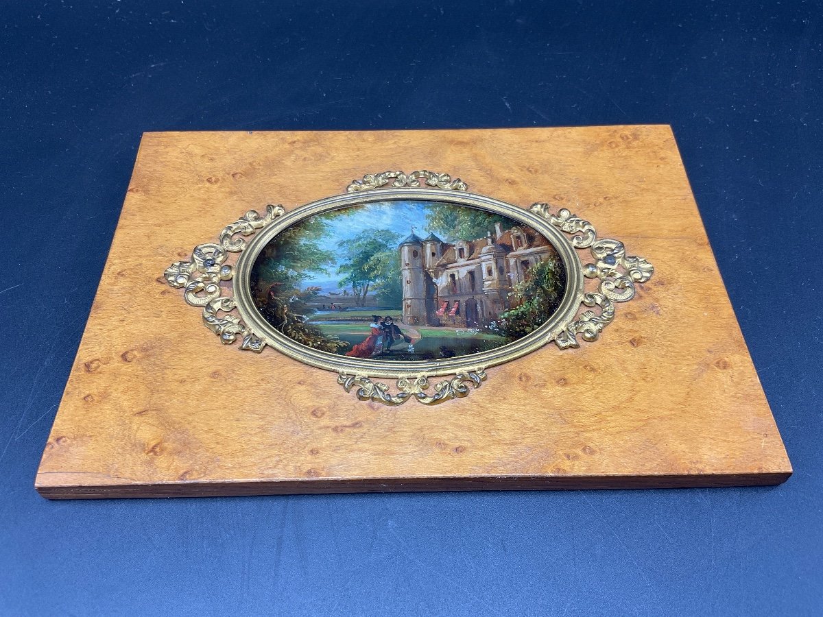 Miniature In Fixed Under Glass Representing A Castle In A Park And Its Frame In Oak And Burl Wood.