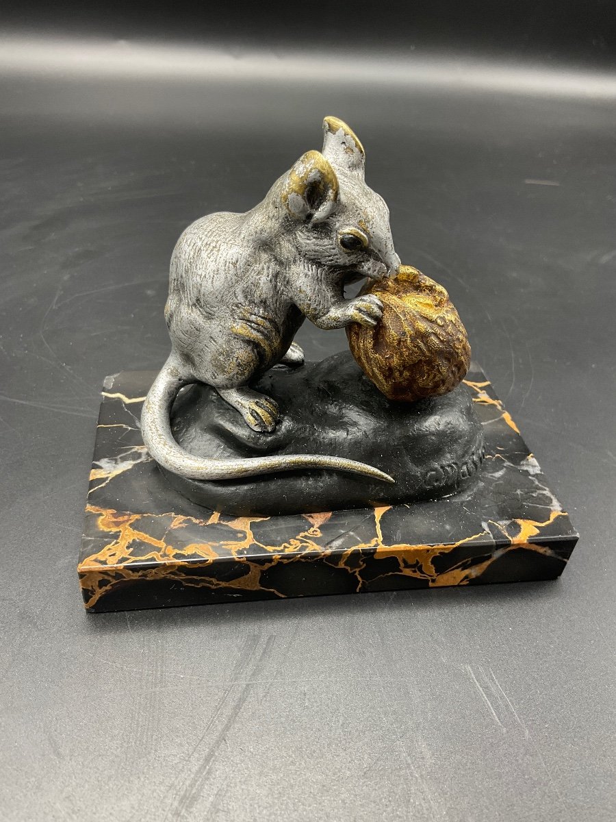 Bronze Signed C.masson With Triple Patina Representing A Mouse Nibbling A Nut.-photo-5