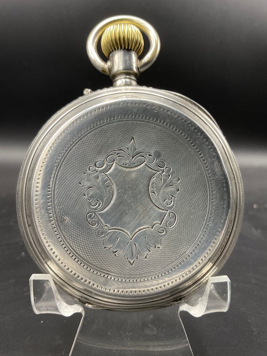 Guilloché And Chiseled Sterling Silver Regulator Gusset Or Pocket Watch With A Central Crest Marked Favory In Geneva.-photo-3