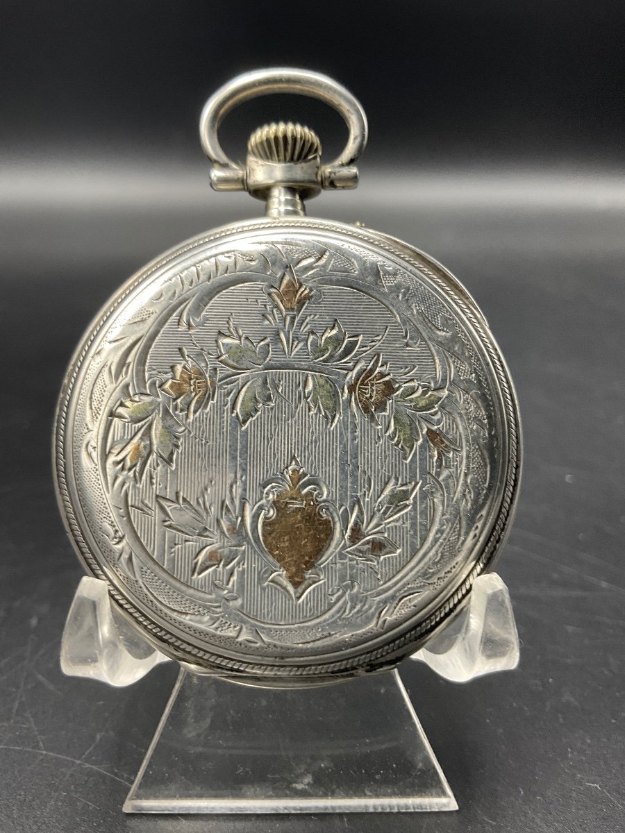Chiseled And Guilloché Gusset Or Pocket Watch In Sterling Silver With Floral Decor.-photo-3