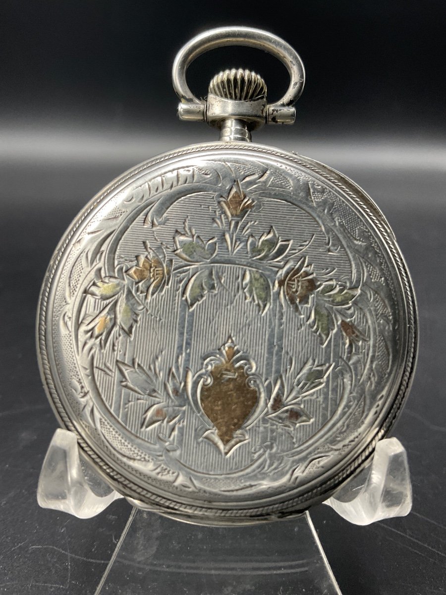 Chiseled And Guilloché Gusset Or Pocket Watch In Sterling Silver With Floral Decor.-photo-8