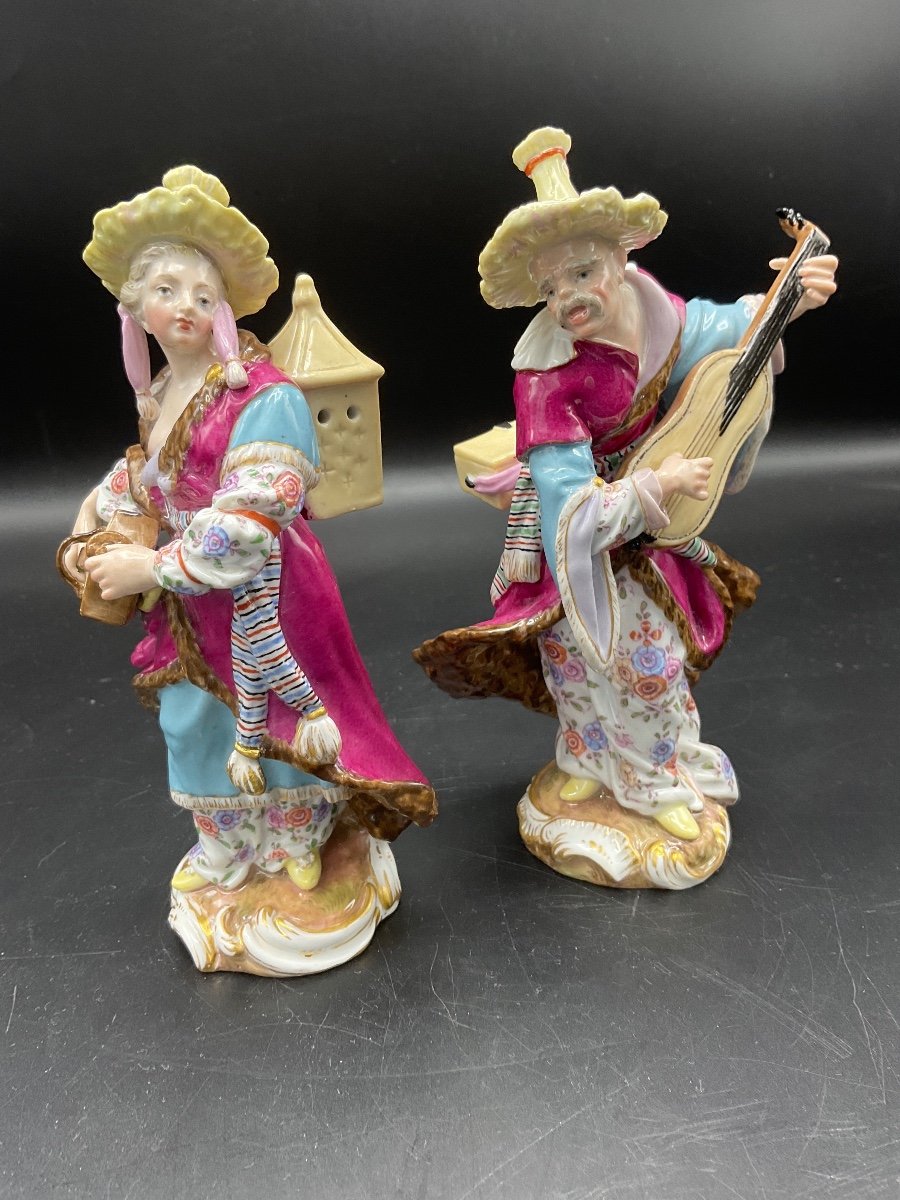 Couple Of Musicians In Polychrome Porcelain From The Meissen Manufacture Representing Malabar And Malabarin.-photo-2