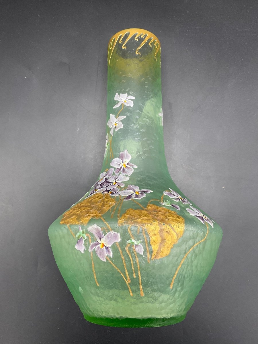 Legras Vase Decorated With Enamelled Violet And Foliage Enhanced With Gold Signed Montjoye On A Light Water Green Background.-photo-5