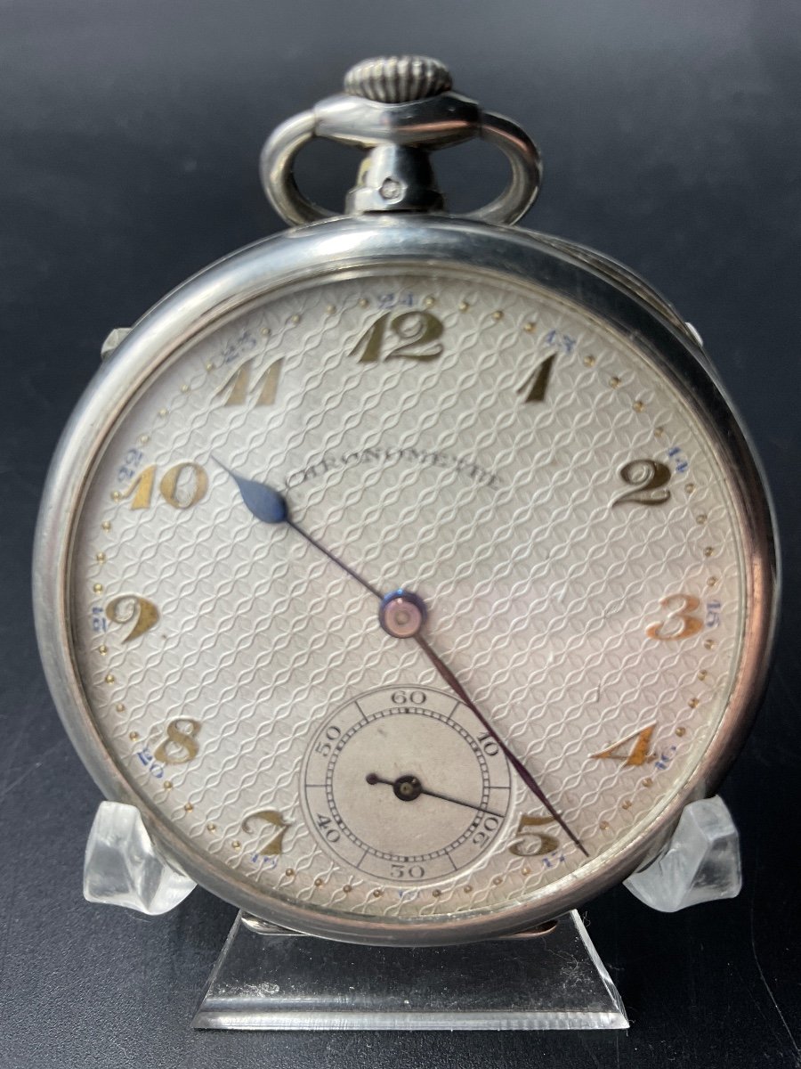 Pocket Or Gusset Watch In Sterling Silver With Straight Line Guilloche Decoration Forming Diamonds.-photo-2