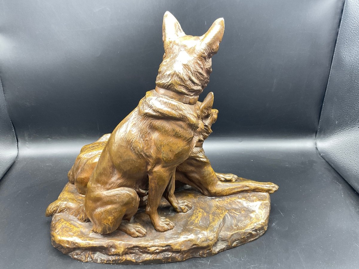 (bronze With Patina Medal Representative Two German Shepherd Signed Louis Riché Founder Colin.-photo-3