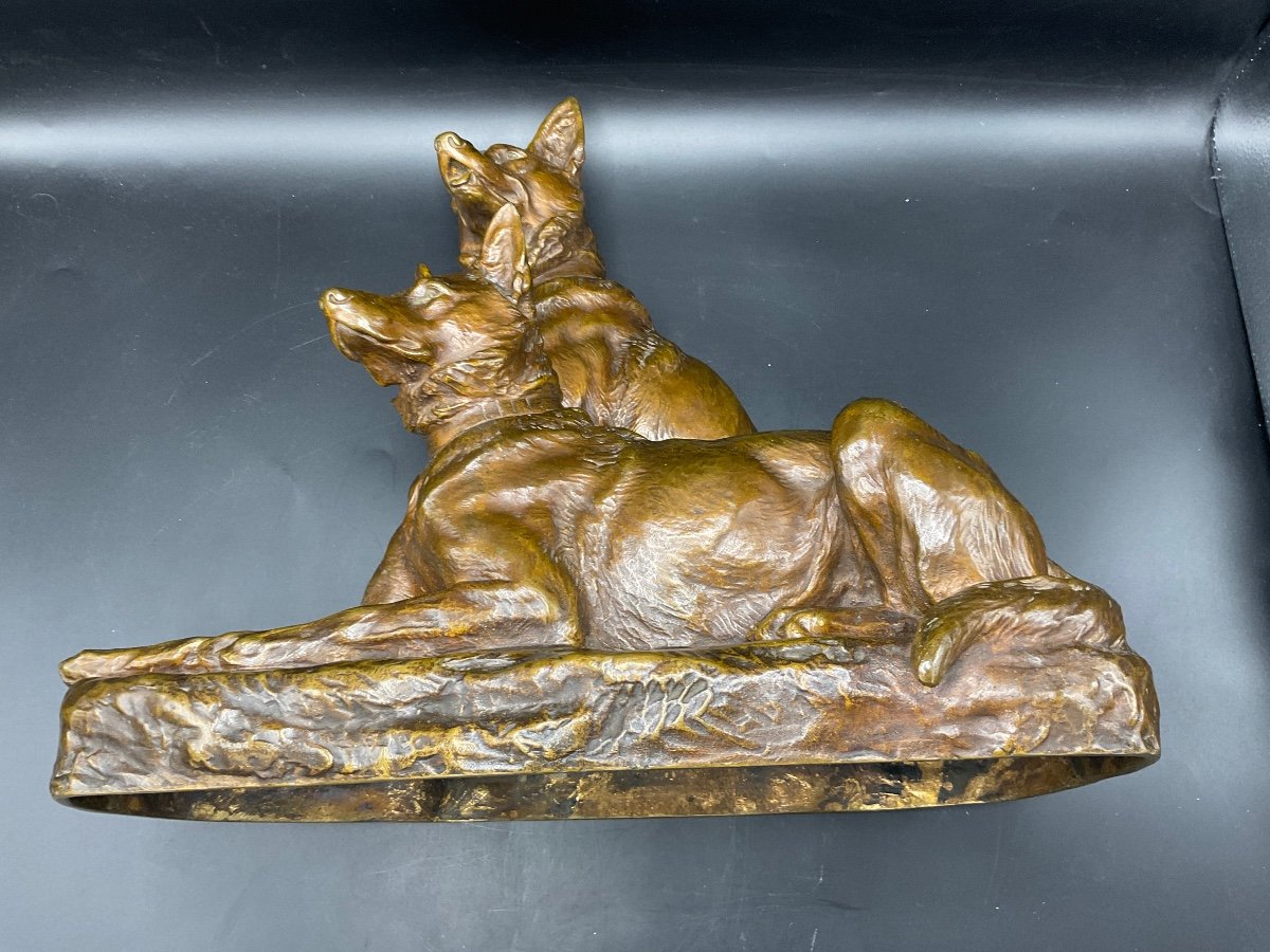 (bronze With Patina Medal Representative Two German Shepherd Signed Louis Riché Founder Colin.-photo-7