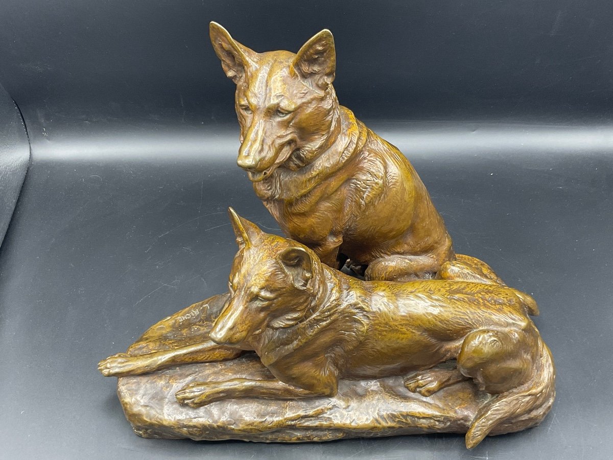 (bronze With Patina Medal Representative Two German Shepherd Signed Louis Riché Founder Colin.-photo-8