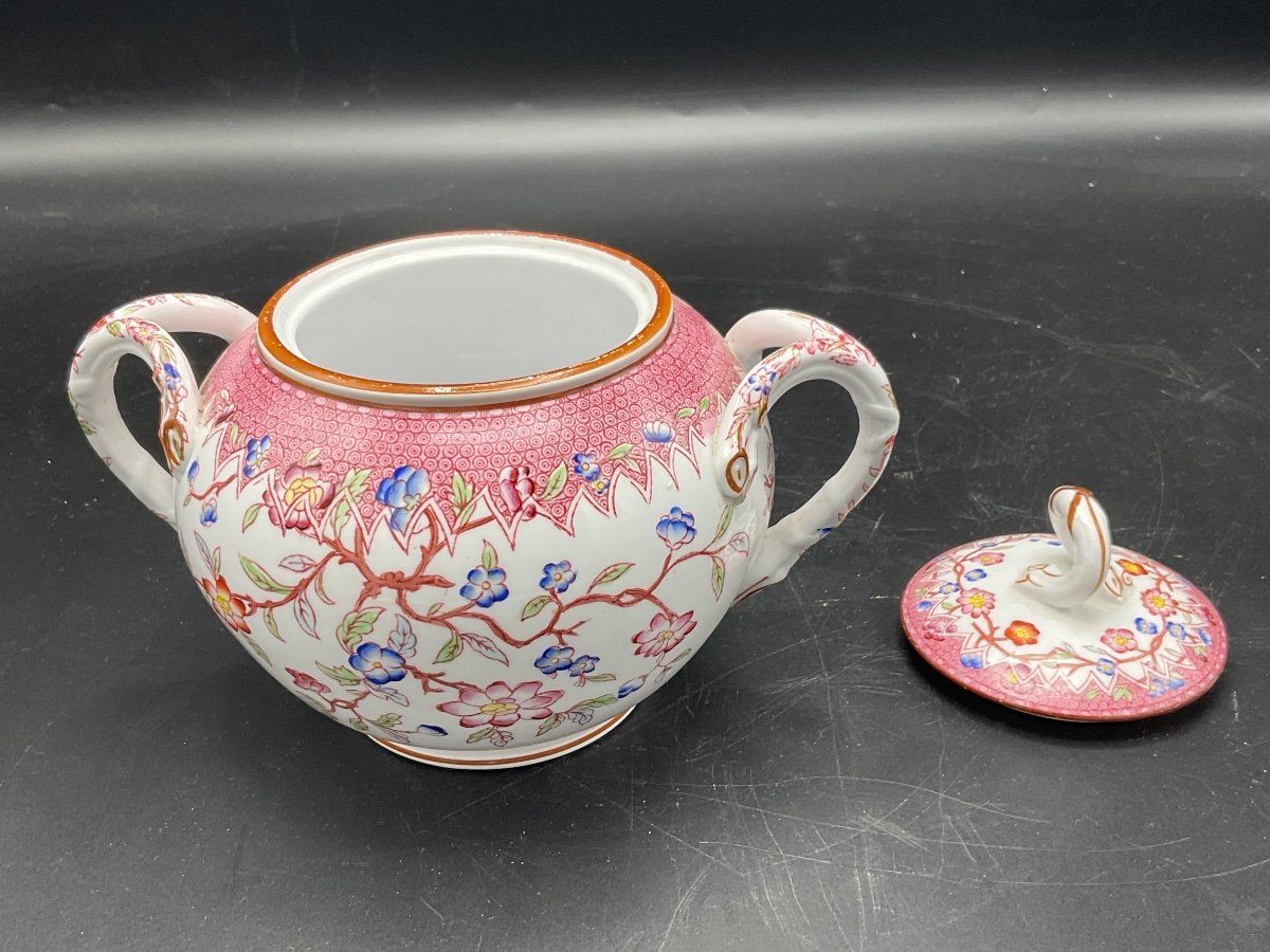 Polychrome Porcelain Sugar Bowl From Sarreguemines Minton Printed Decor Number 219-photo-4