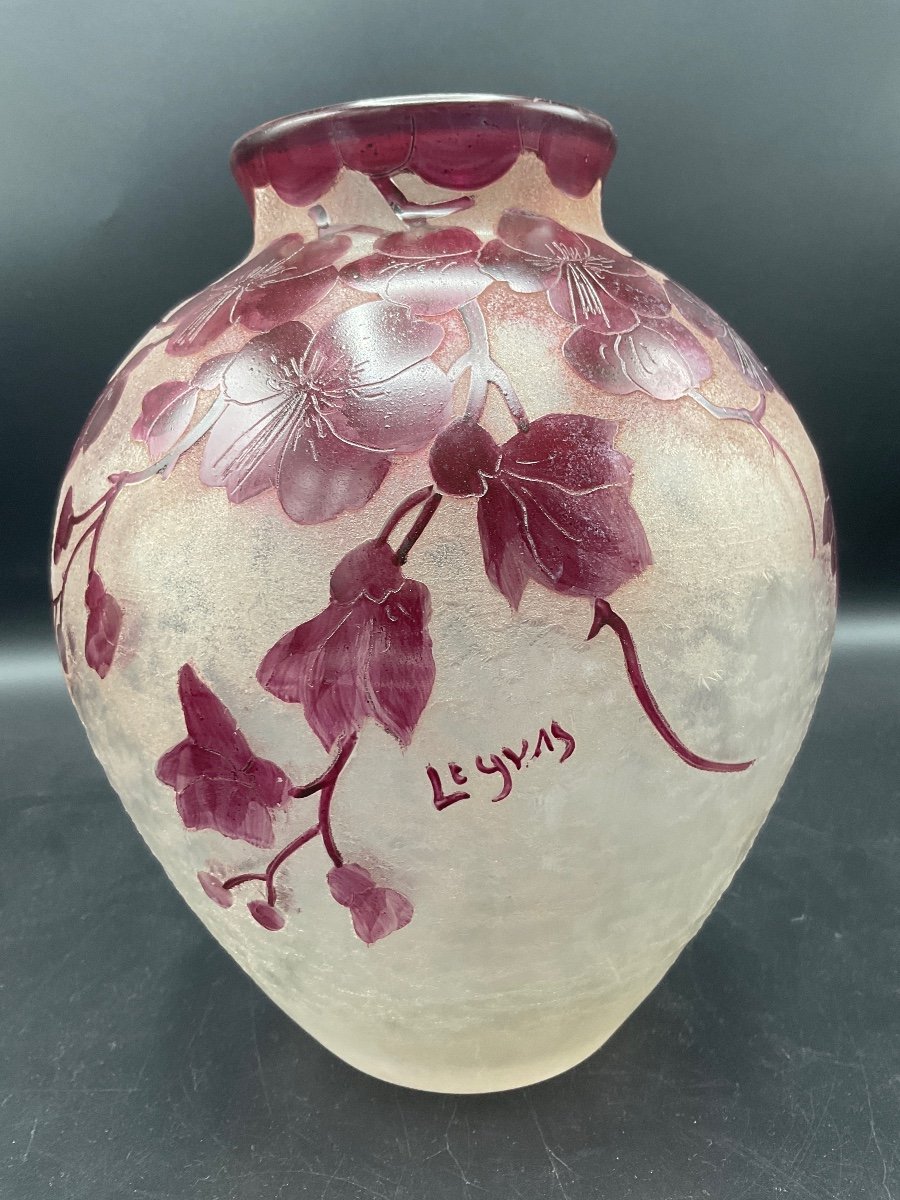 Legras Ovoid Vase With Straight Neck With Colorless Frosted And Pink Base With Acid-etched Flow-photo-2