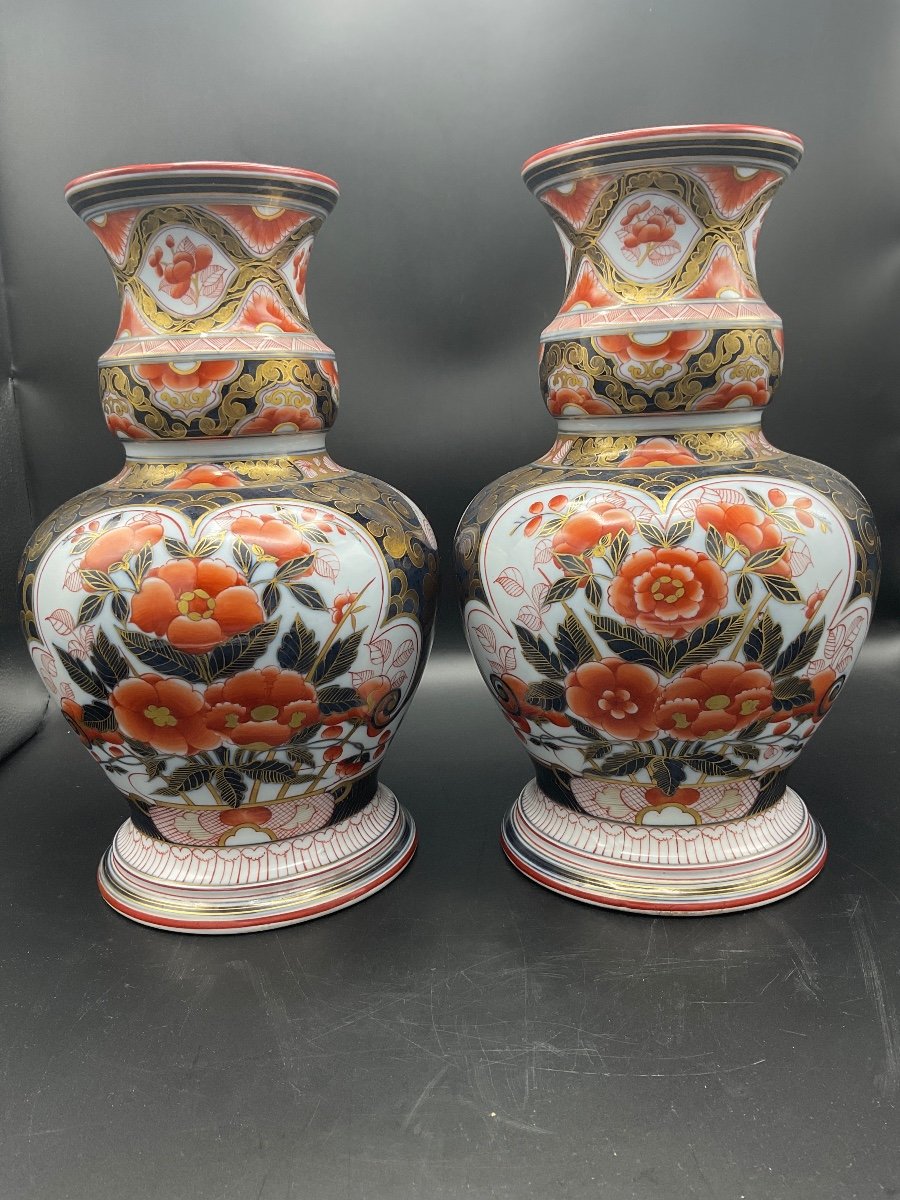 Pair Of Baluster Vases In Polychrome Bayeux Porcelain With Imari Decor Caduceus Mark.-photo-1