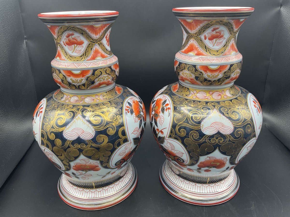 Pair Of Baluster Vases In Polychrome Bayeux Porcelain With Imari Decor Caduceus Mark.-photo-5