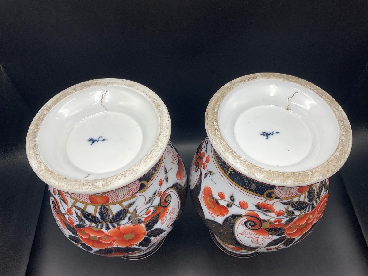 Pair Of Baluster Vases In Polychrome Bayeux Porcelain With Imari Decor Caduceus Mark.-photo-7