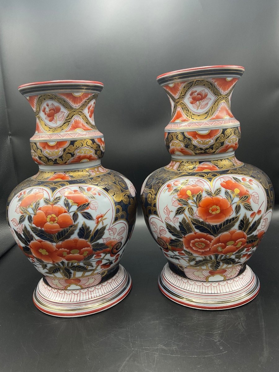 Pair Of Baluster Vases In Polychrome Bayeux Porcelain With Imari Decor Caduceus Mark.-photo-8