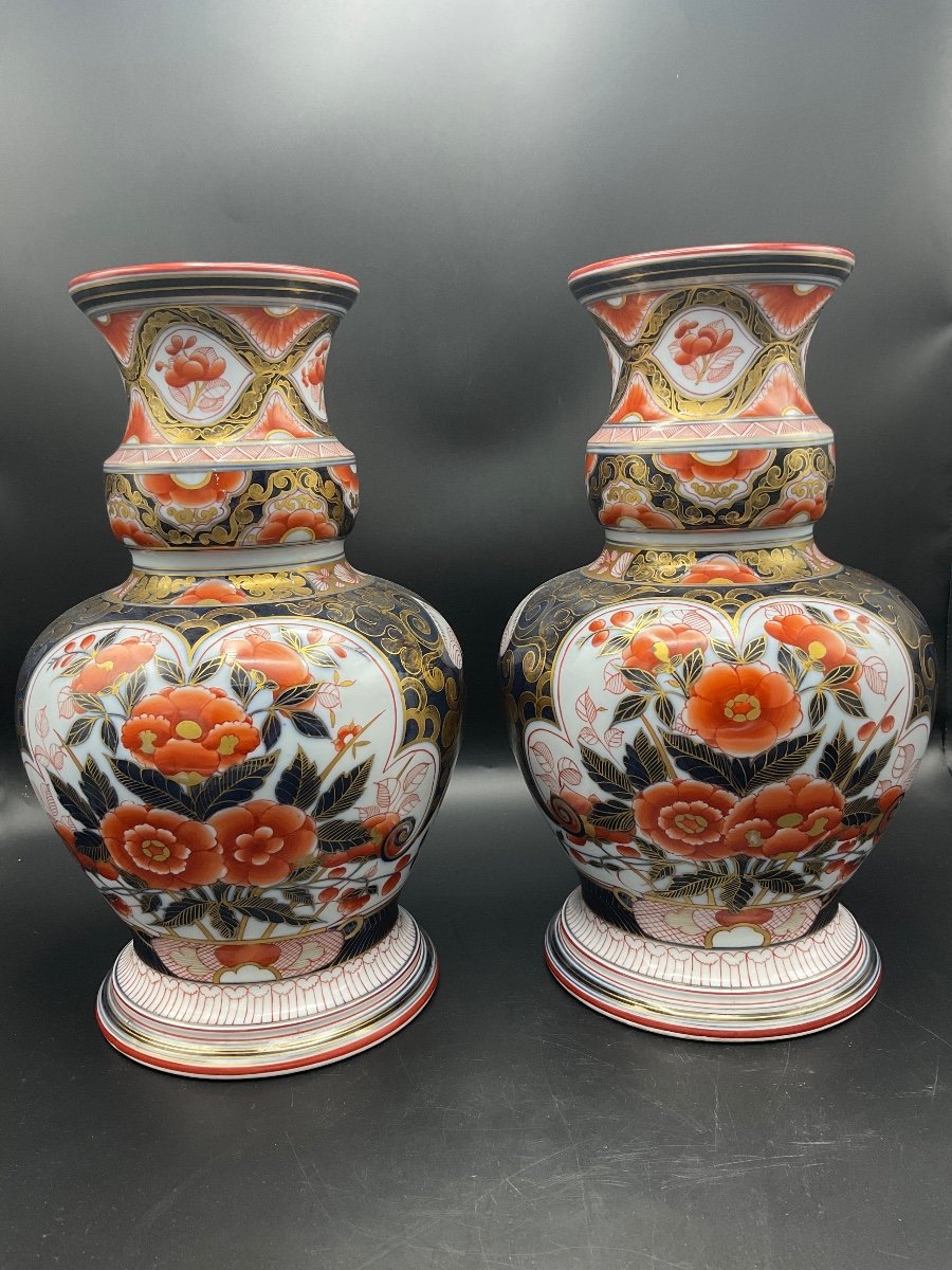 Pair Of Baluster Vases In Polychrome Bayeux Porcelain With Imari Decor Caduceus Mark.