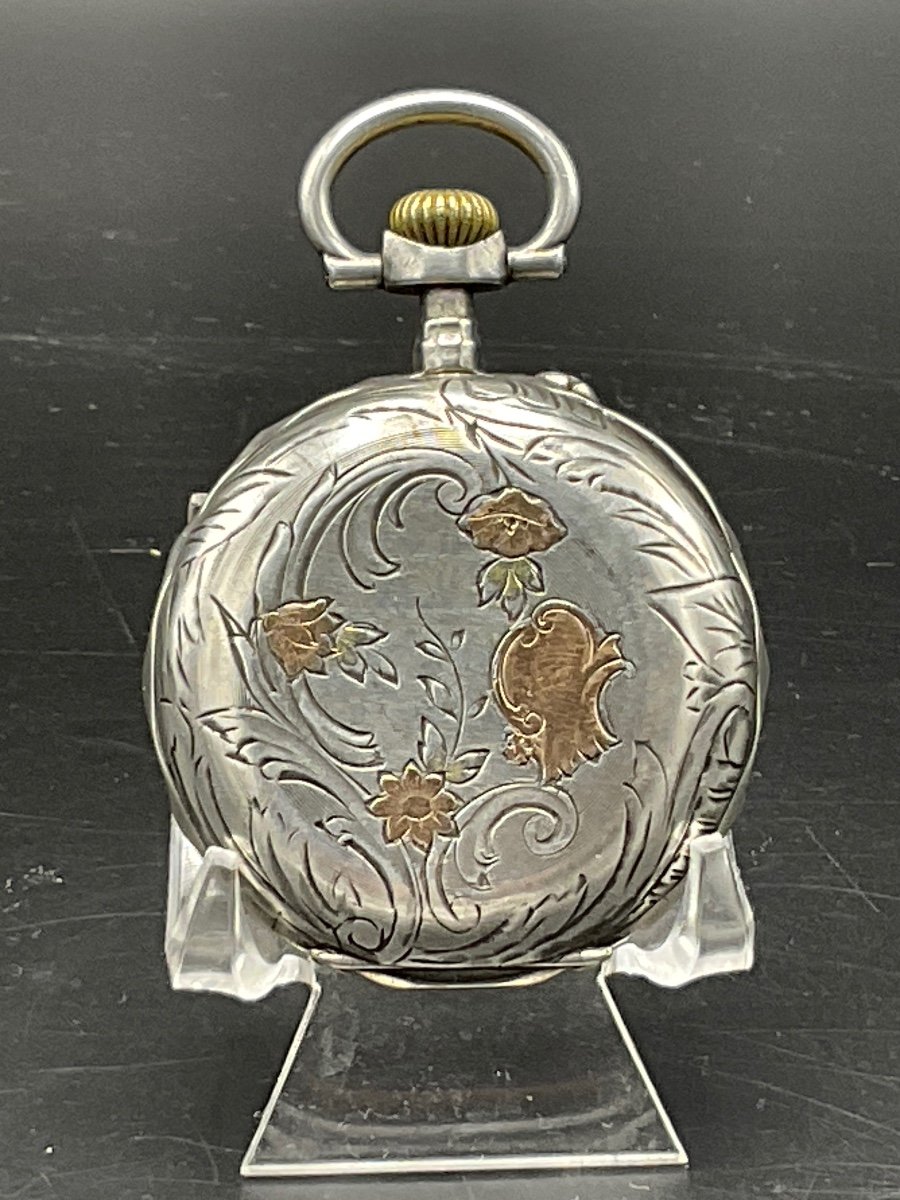 Chiseled And Guilloché Gusset Or Pocket Watch In Sterling Silver With Floral Decor.-photo-2