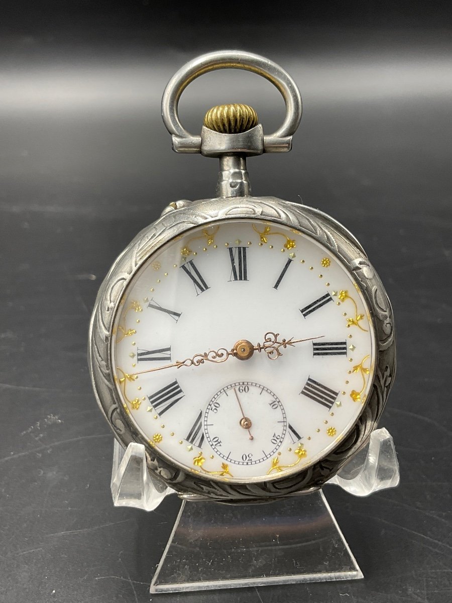 Chiseled And Guilloché Gusset Or Pocket Watch In Sterling Silver With Floral Decor.-photo-3