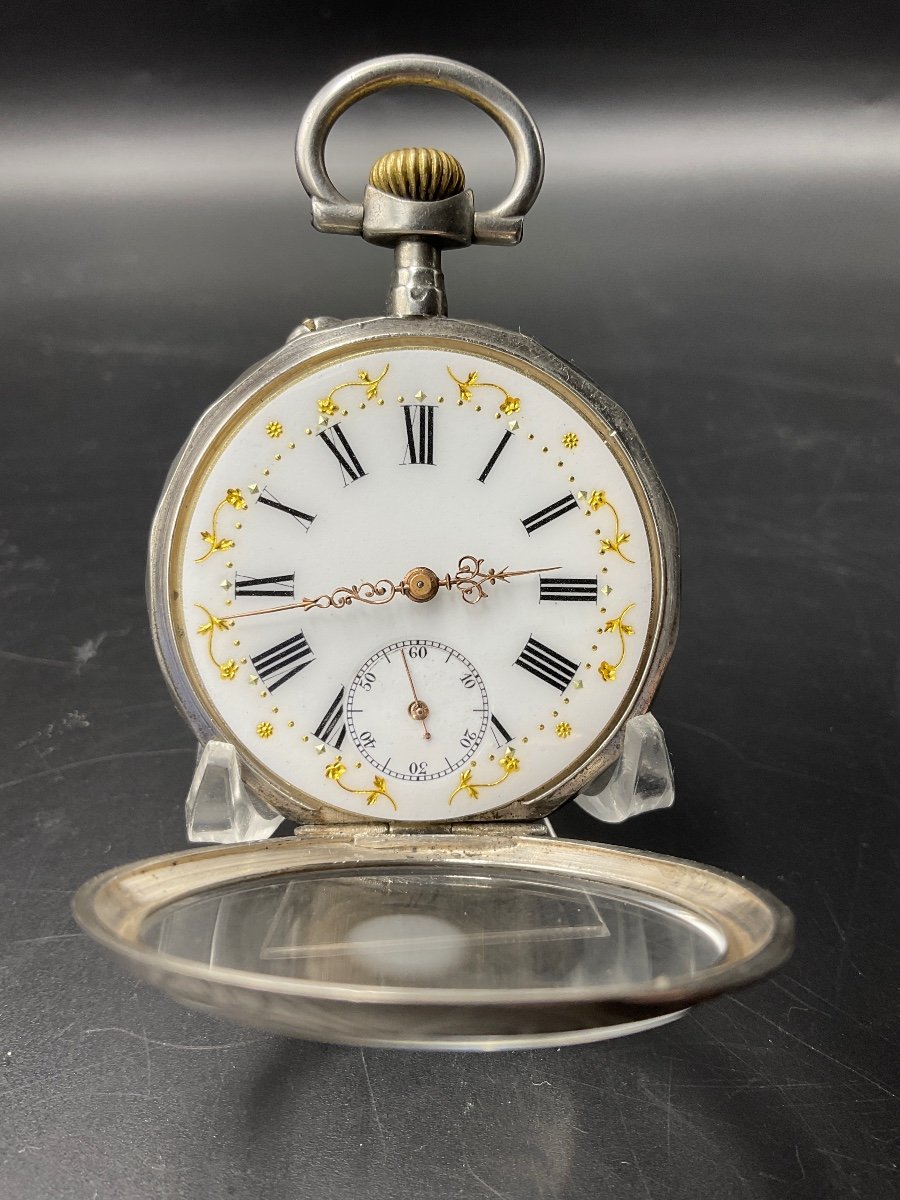 Chiseled And Guilloché Gusset Or Pocket Watch In Sterling Silver With Floral Decor.-photo-4