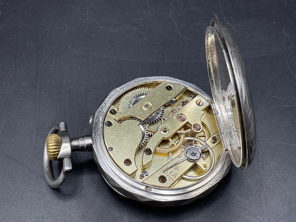 Chiseled And Guilloché Gusset Or Pocket Watch In Sterling Silver With Floral Decor.-photo-6