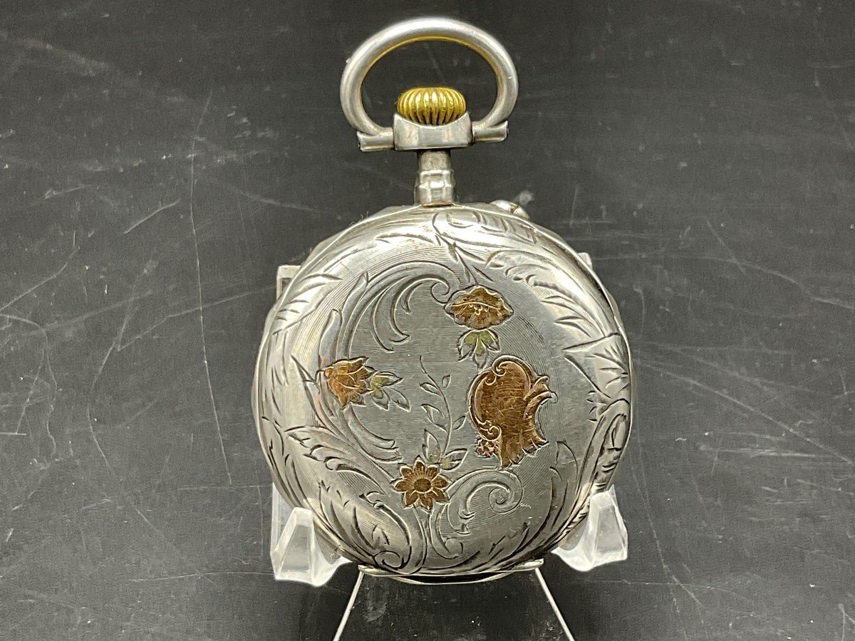 Chiseled And Guilloché Gusset Or Pocket Watch In Sterling Silver With Floral Decor.-photo-7