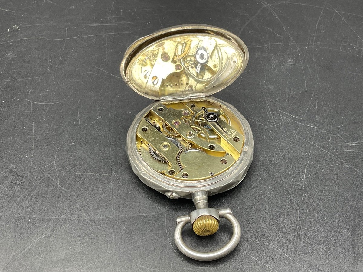 Chiseled And Guilloché Gusset Or Pocket Watch In Sterling Silver With Floral Decor.-photo-8