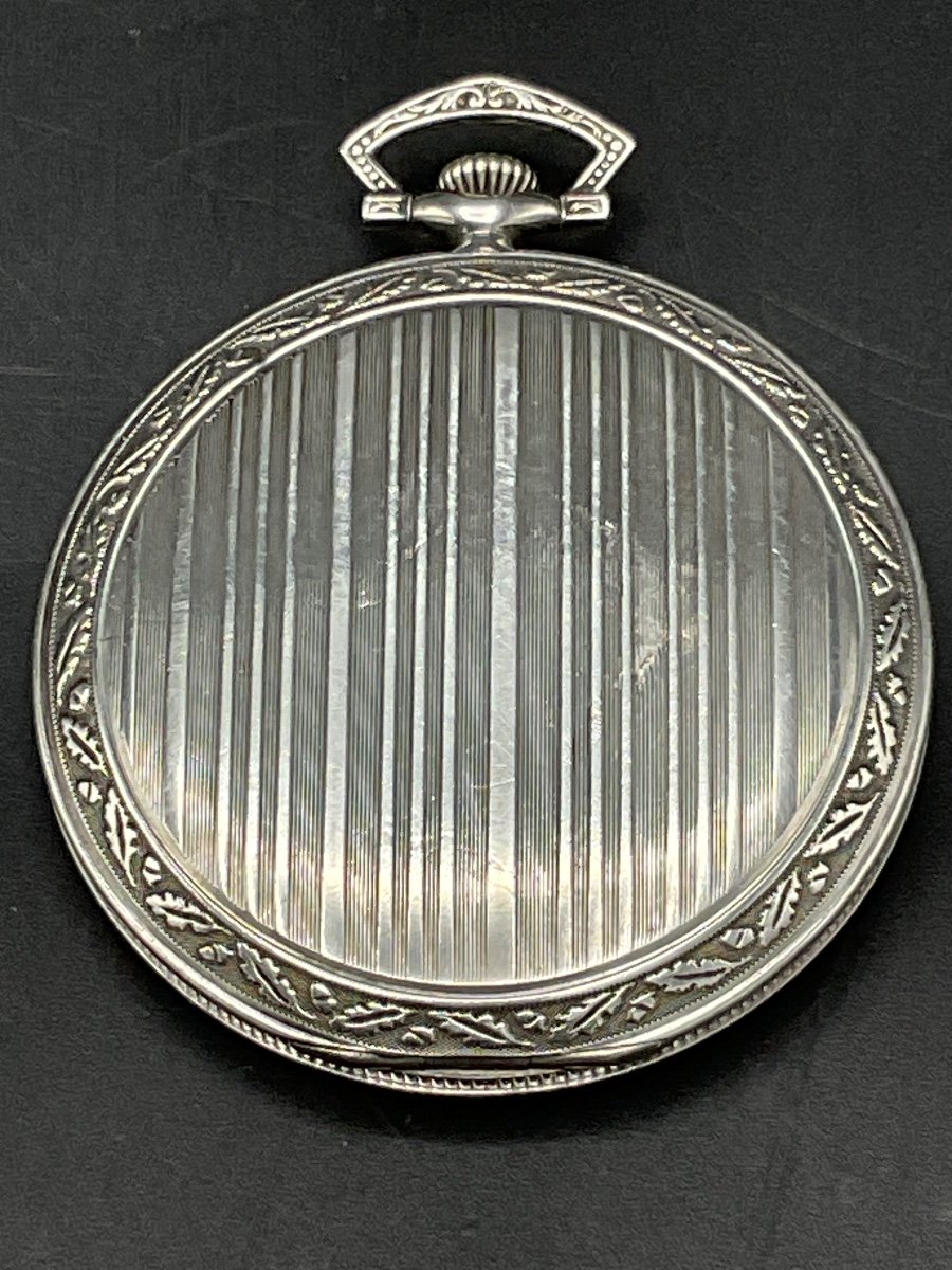 Extra-flat Pocket Or Pocket Watch In Solid Silver With Chiseled And Guilloché Art-deco Decoration.-photo-8